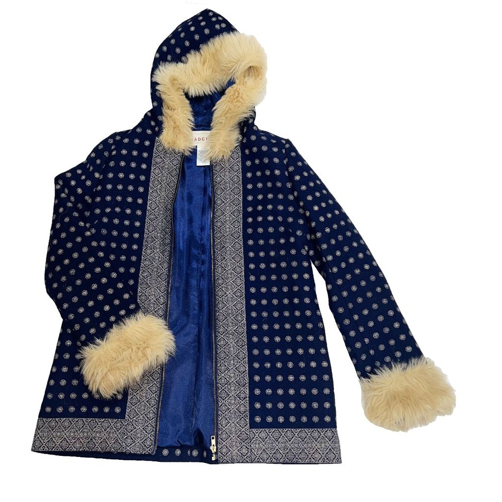 ANTHROPOLOGIE Manchen Zip Up Coat Faux Fur navy Size M NWOT